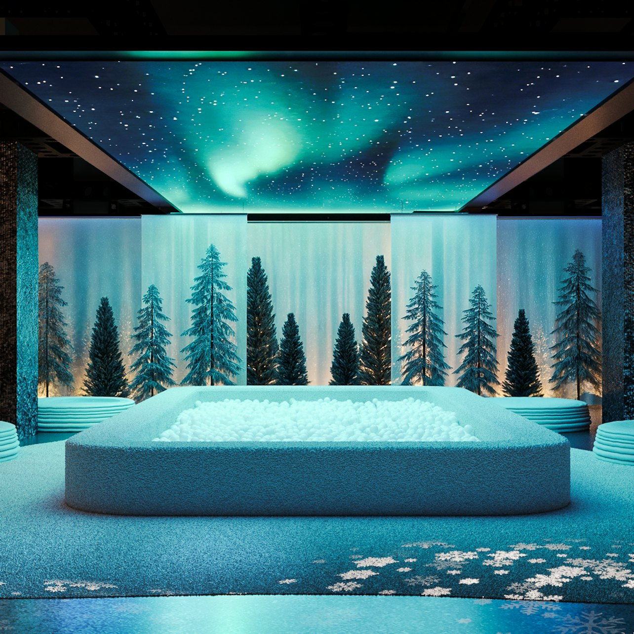 Immerse in a magical winter retreat where the Northern Lights illuminate a serene forest landscape offering a cozy escape filled with joy and festive activities.